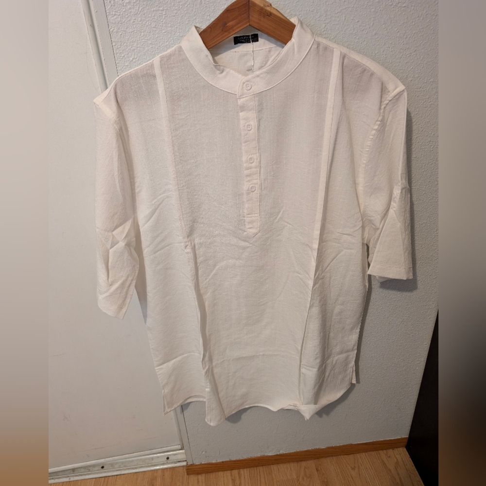 NEW COOFANDY Men's Large Guayabera White Short Sleeve Shirt Size Large‎